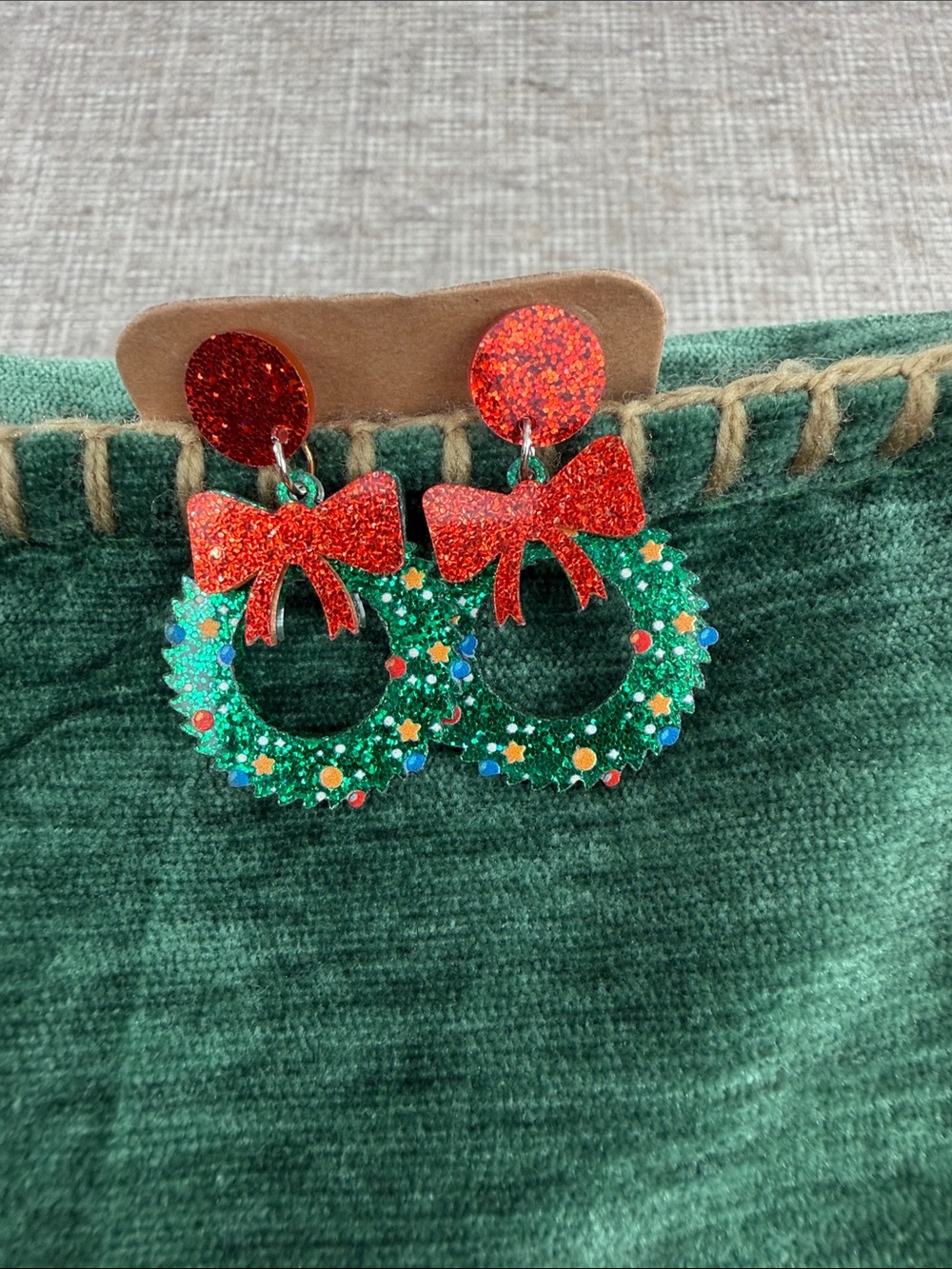 Festive Glitter Wreath Earrings with Red Bows